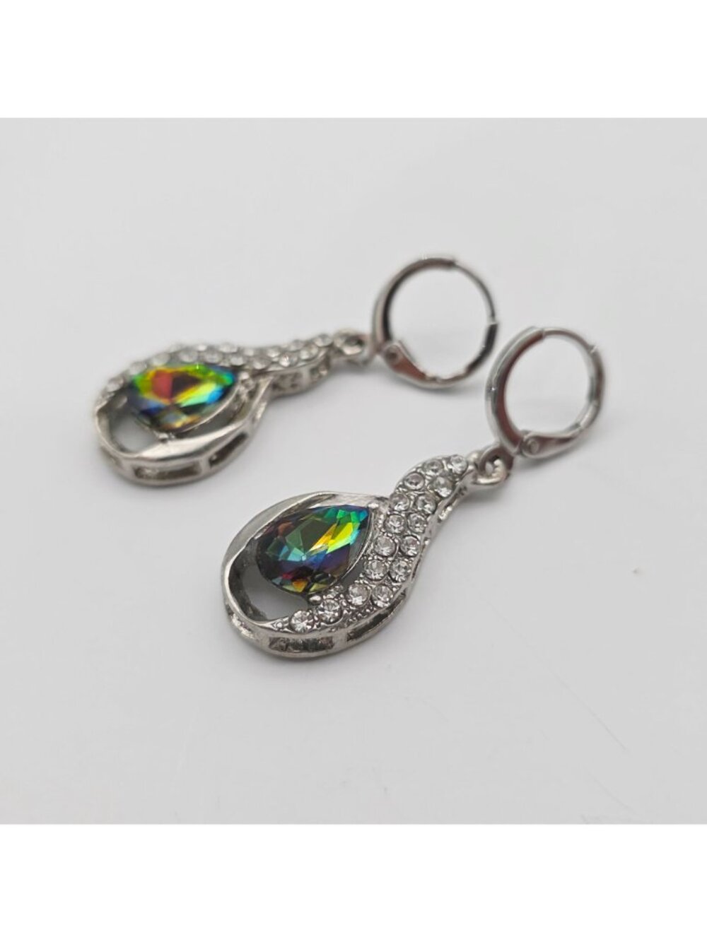 Teardrop Rainbow Crystal & Rhinestone Dangle Earrings Silver-Tone - Picture 3 of 5